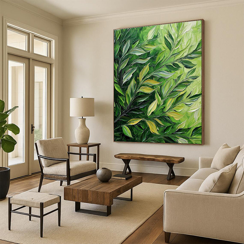 Huge abstract painting featuring thick brush strokes of green leaves on a dark background showcasing detailed foliage in acrylic and oil.STSC1130