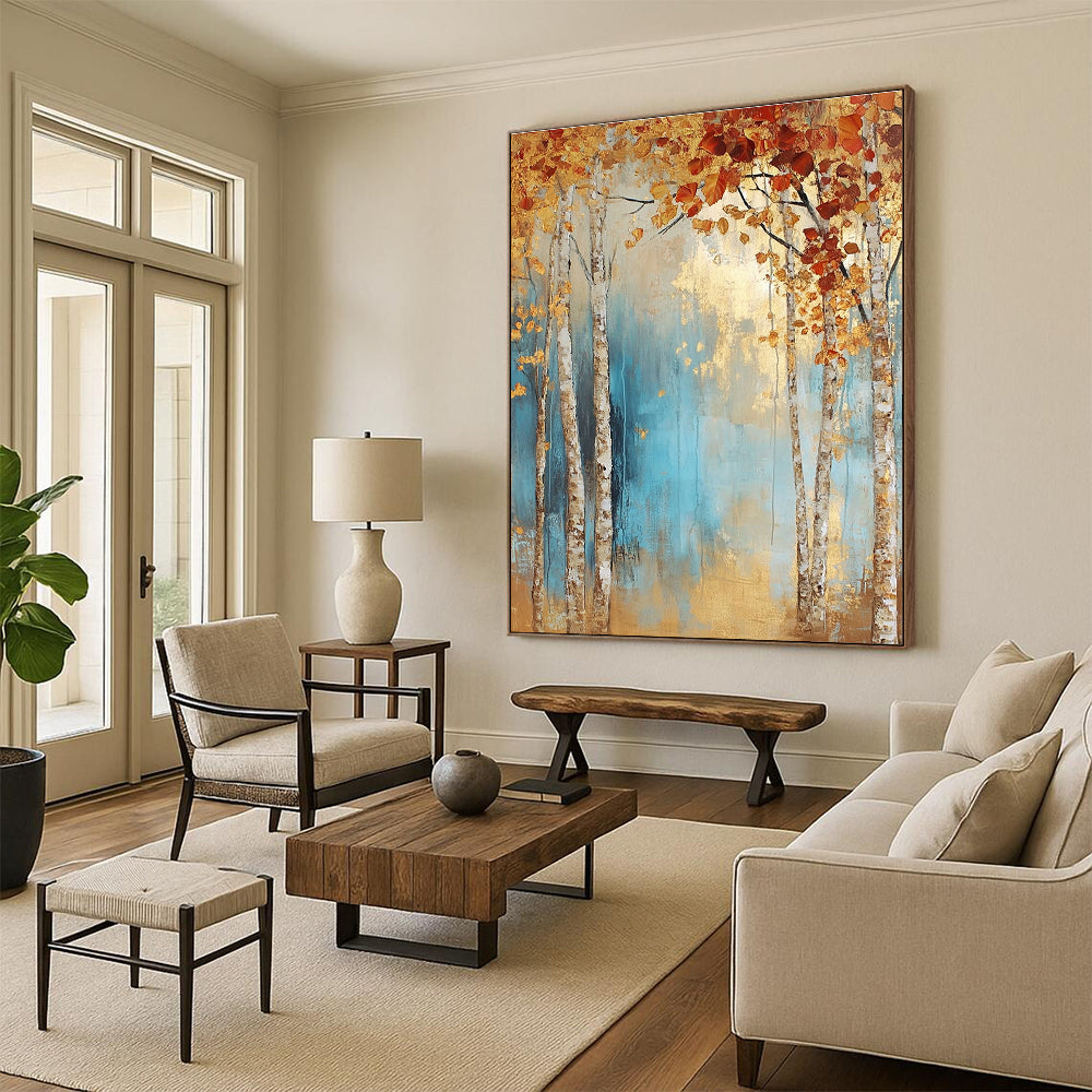 Large abstract painting of birch trees in autumn leaves with light blue and gold tones on a textured canvas.STSC301