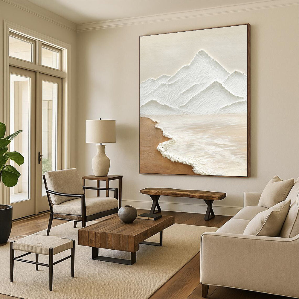 Textured Mountain and Sea Abstract Painting in White and Beige ADGE273