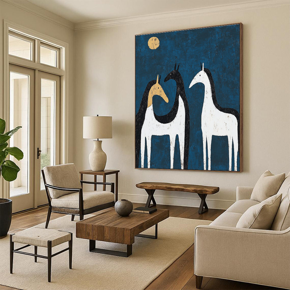 Abstract painting of three black and white horses in moonlight with a hint of yellow on one back, featuring minimalist shapes and textures.STSC072
