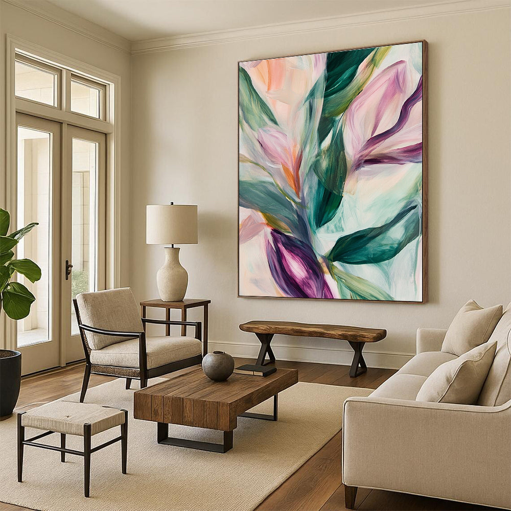 Large abstract painting featuring soft pastel leaves and flowers in neutral tones set against a blurred white background.STSC314