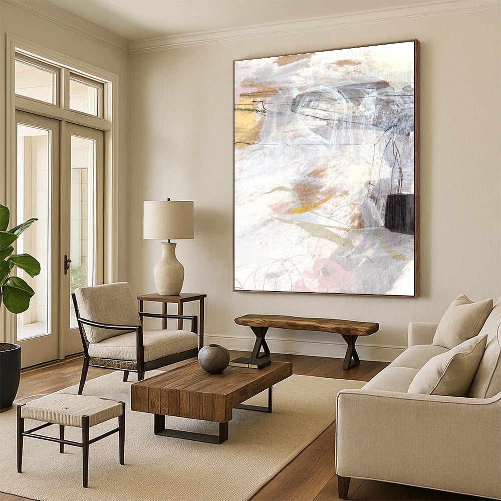 Mixed - media Abstract with Soft Tones and Lines Painting ADGE187