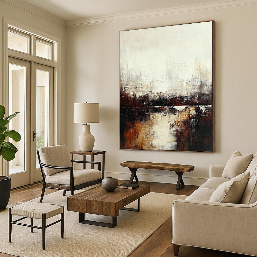 Large abstract painting featuring a serene cityscape in muted tones of white and brown evoking tranquility and introspection through soft brushstrokes.STSC724
