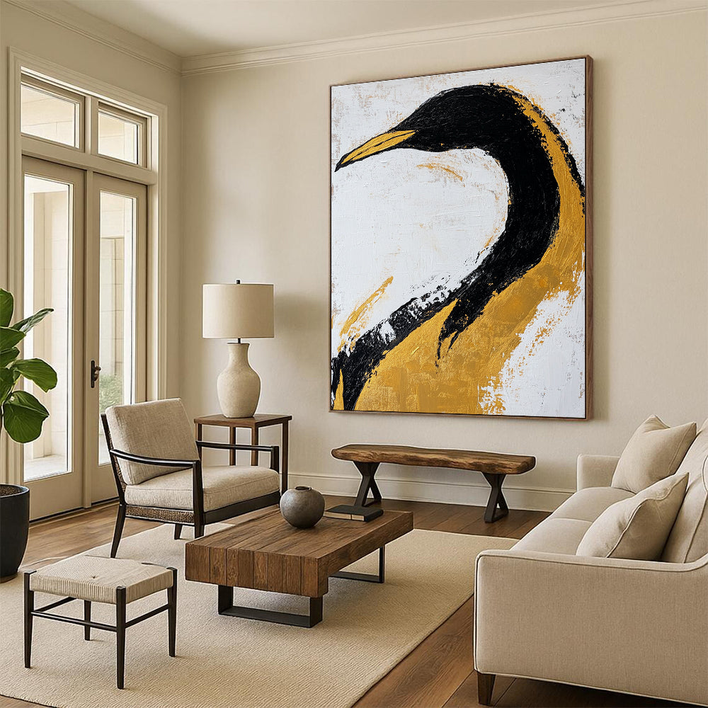 Large abstract art painting featuring a black and gold penguin on textured paper with gold leaf accents against a white background.STSC011