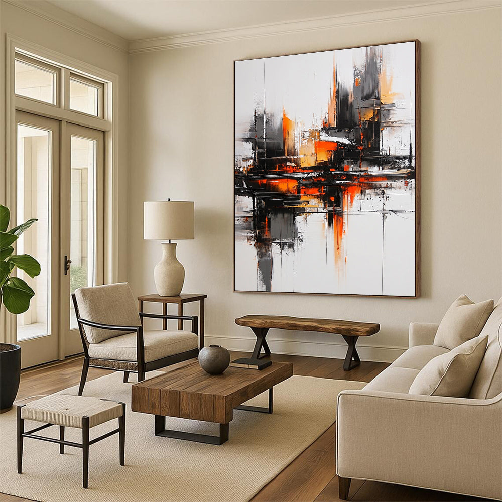 Large abstract oil painting featuring a gray and orange color scheme with a black cityscape bold brush strokes and heavy shadows for a mysterious atmosphere.STSC1353