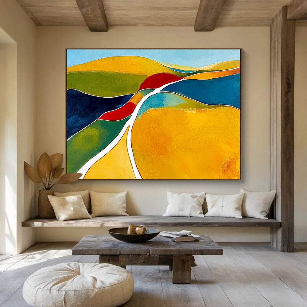Large abstract painting featuring organic shapes in yellow and green with white lines contrasted against dark blue light red and clear sky blue.SC069