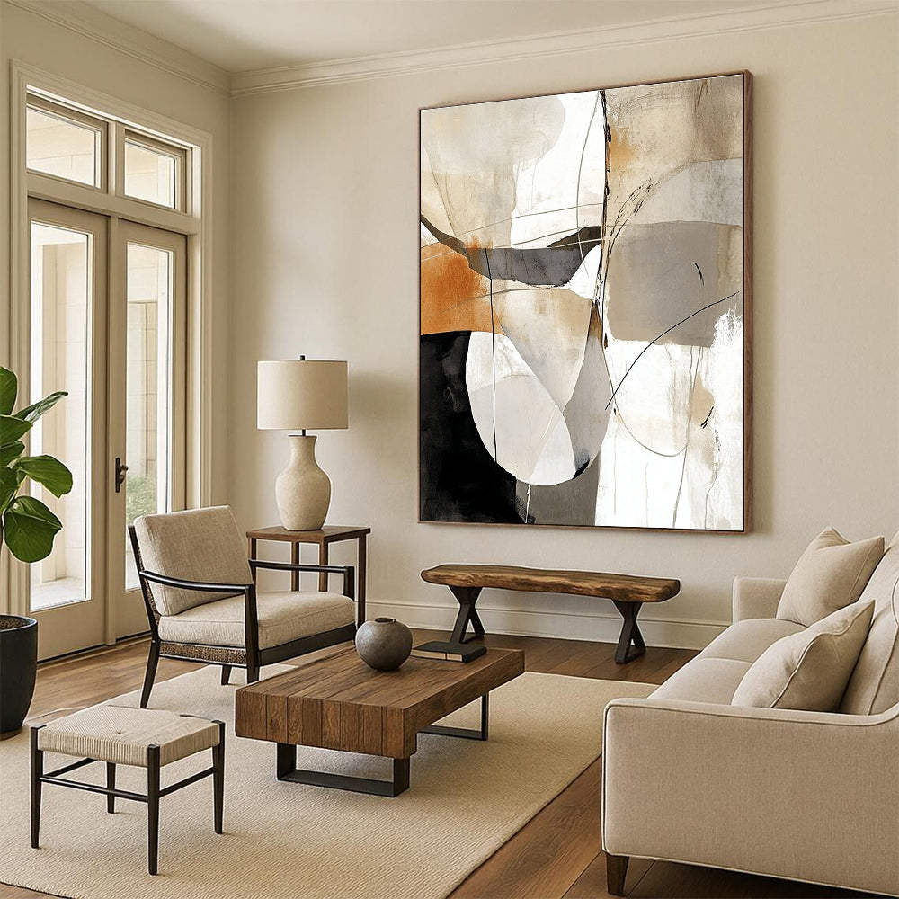 Large abstract painting featuring white black gray and beige lines with brown and light orange accents on a clean white background.STSC438