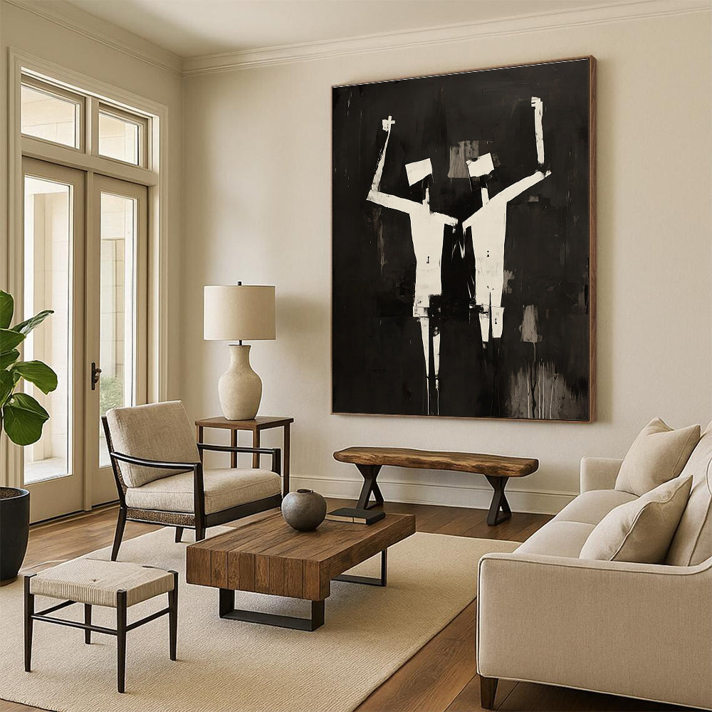 Large abstract painting featuring two figures in black and white oil, inspired by Robert Motherwell with cubist elements.STSC1145