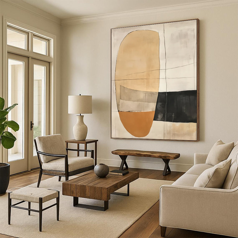Earth - Toned Geometric Abstract Painting with Delicate Lines GER226