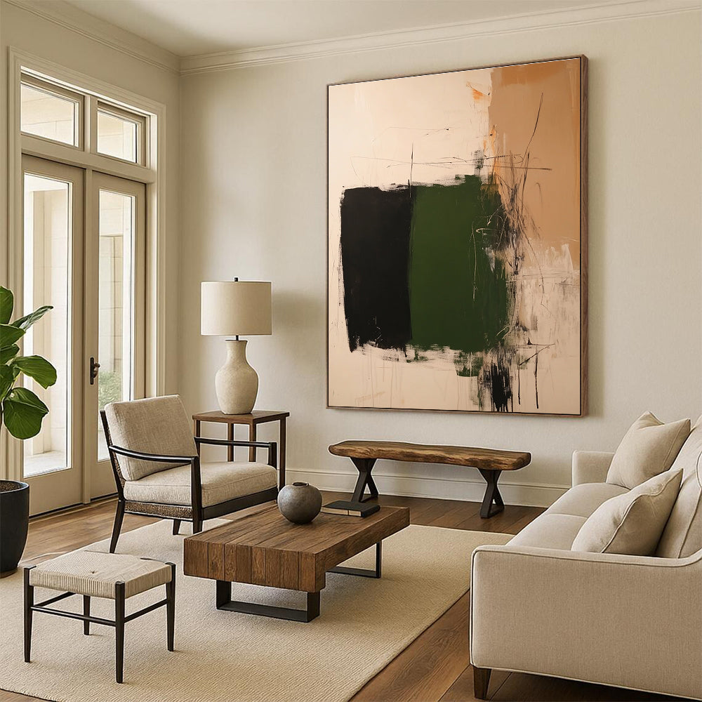Green Black Beige Abstract Painting with Bold Color Blocks GER776