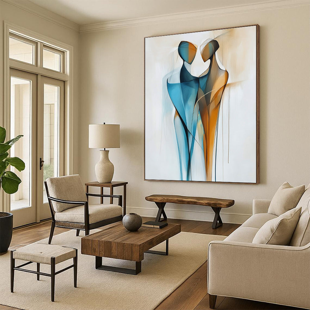 Large abstract painting featuring two figures in blue and amber with geometric lines and smooth curves on a shaped canvas and white background.STSC712