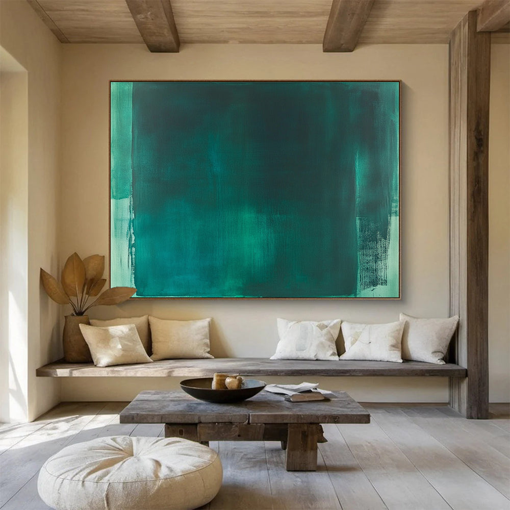 Large abstract painting featuring emerald green and teal, with loose brush strokes and a minimal monochromatic palette in the style of Mark Rothko.SC233