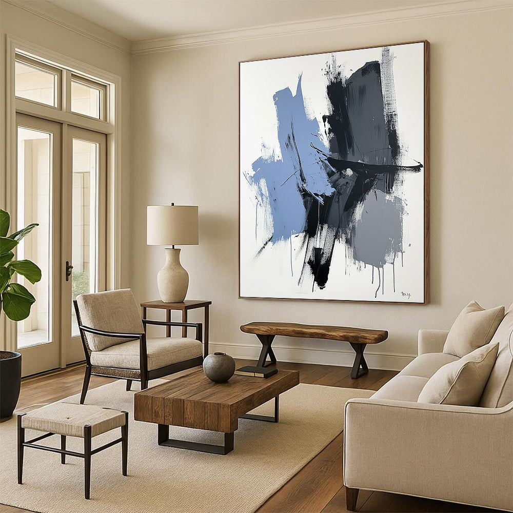 Blue Gray Black Abstract Painting with Minimalist Energy GER517