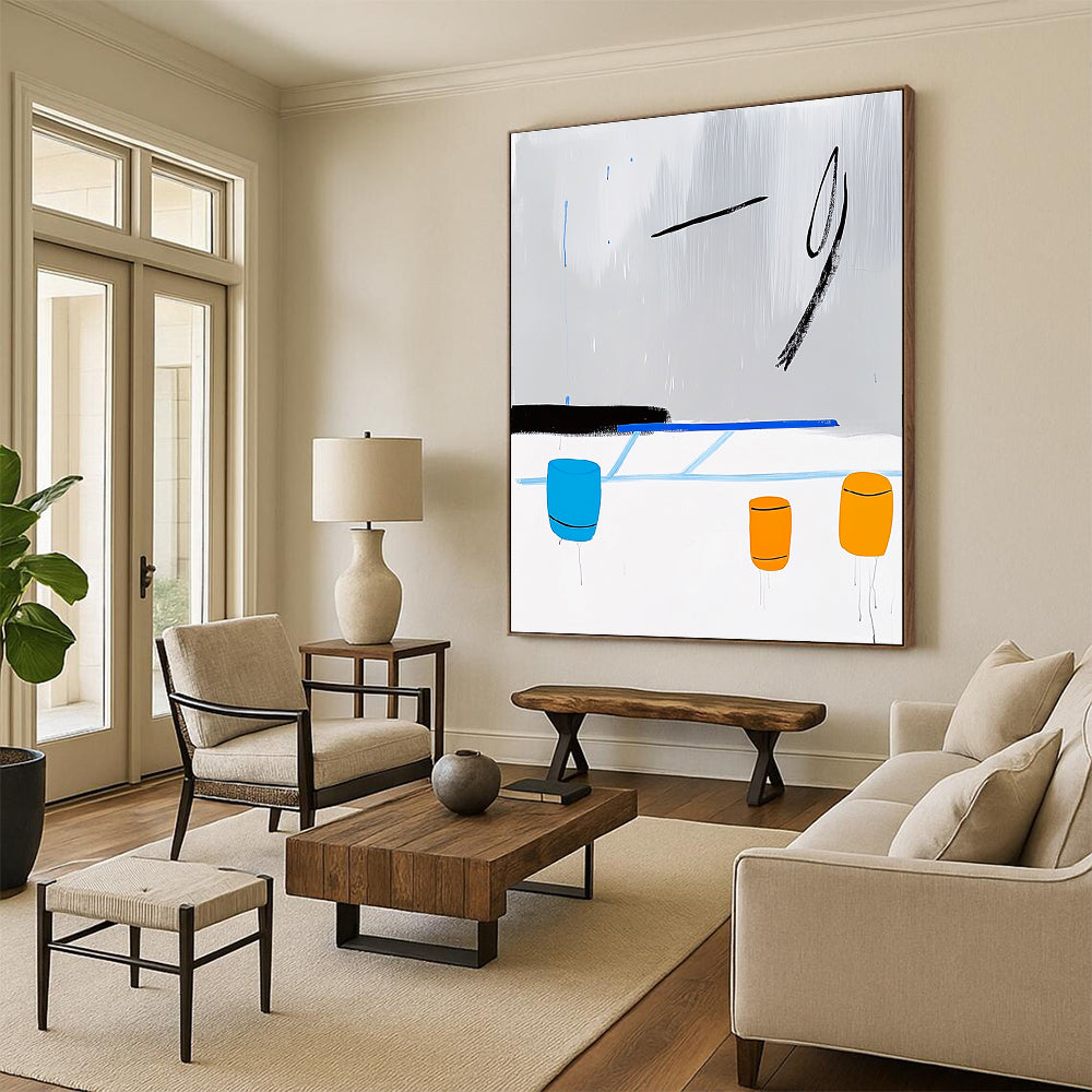 A Large Abstract Artwork Featuring a Minimalist Line Drawing of an Ice Rink with Blue Lines Yellow Barrels and Rainy Grey Sky.STSC1347