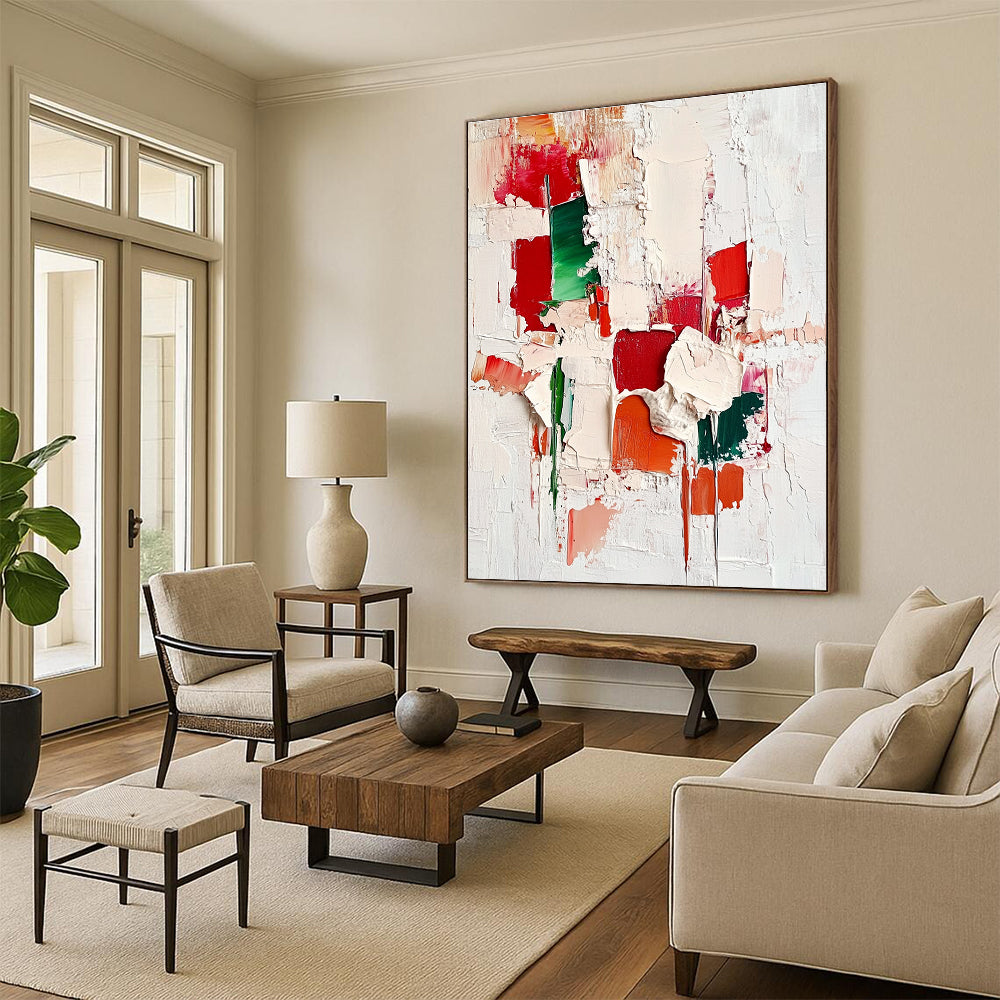 Large abstract painting with red green and white impasto textures showcasing intricate cityscape patterns on an off-white background.STSC327