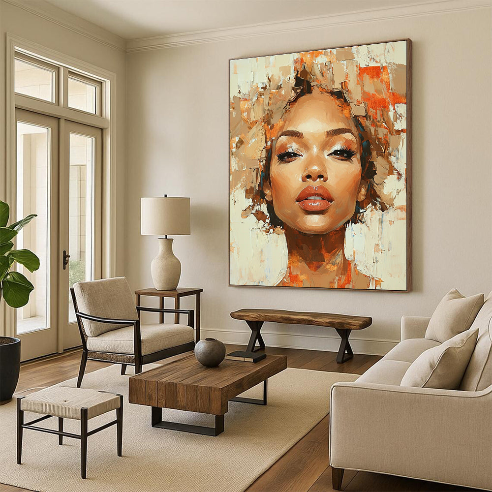 A Large Abstract Painting Featuring An African American Woman With Curly Hair In Ethereal Shades Of Brown Beige Gold And Red-Orange.STSC862
