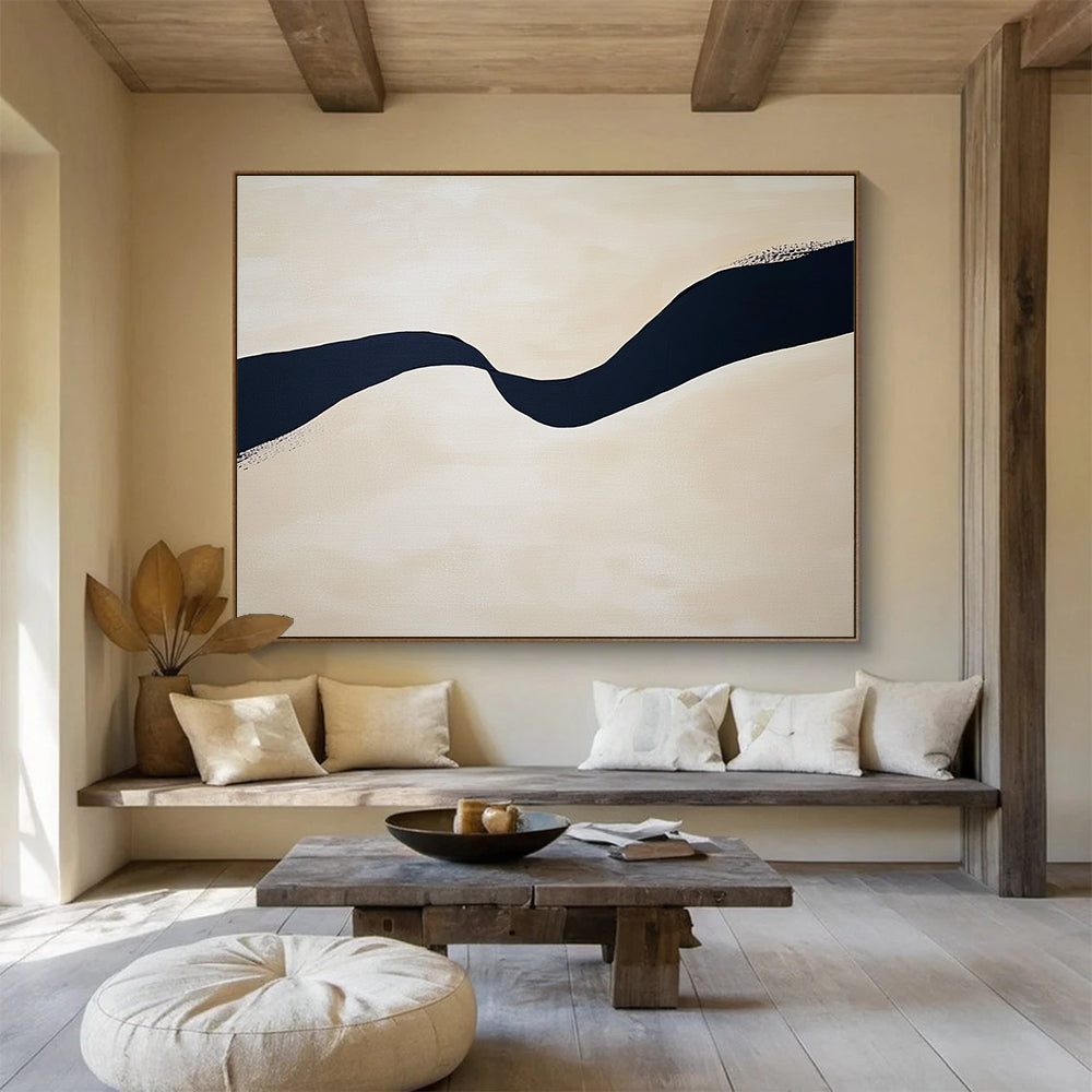 Wavy Black Line on Beige Abstract Painting with Subtle Details DYP585