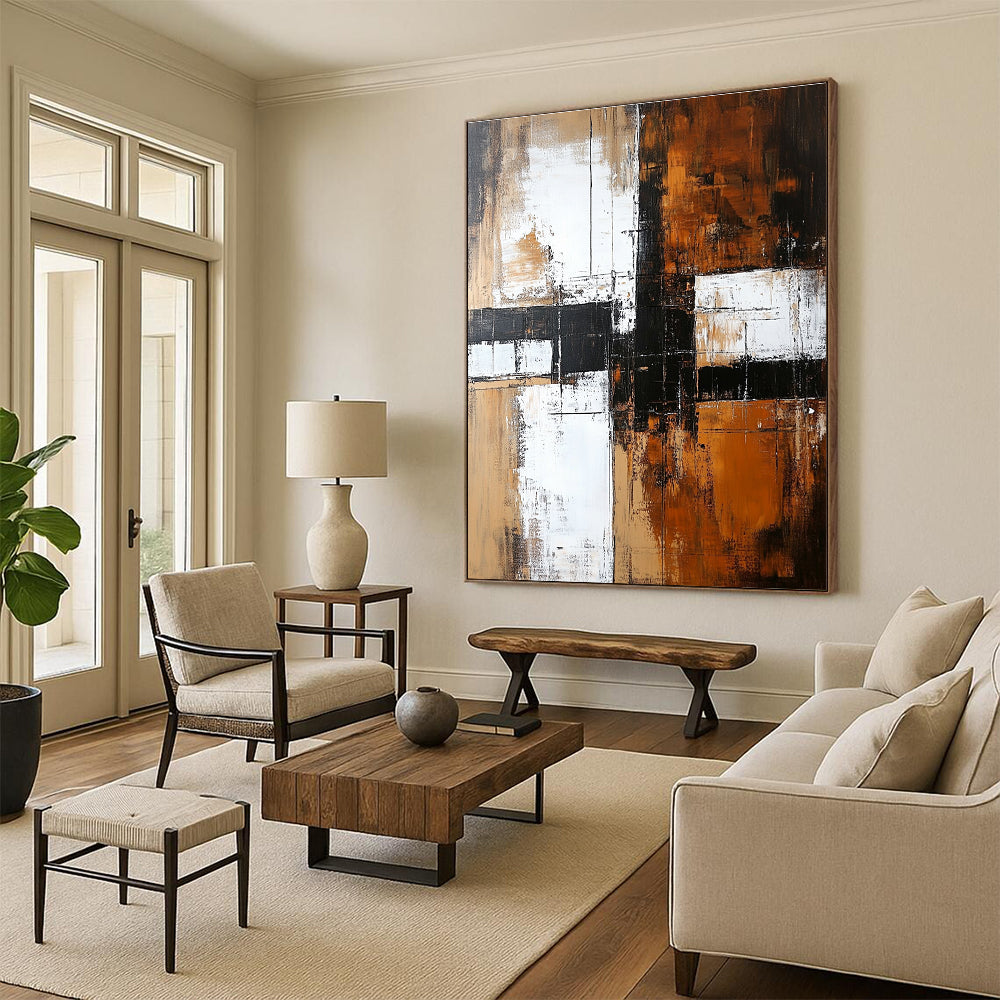 Brown White and Black Abstract Painting with Textured Layers GER672