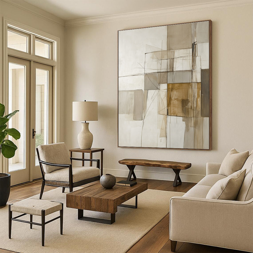 A large abstract painting of an architectural structure in soft neutral tones featuring lines and shapes in beige white grey and brown.STSC638