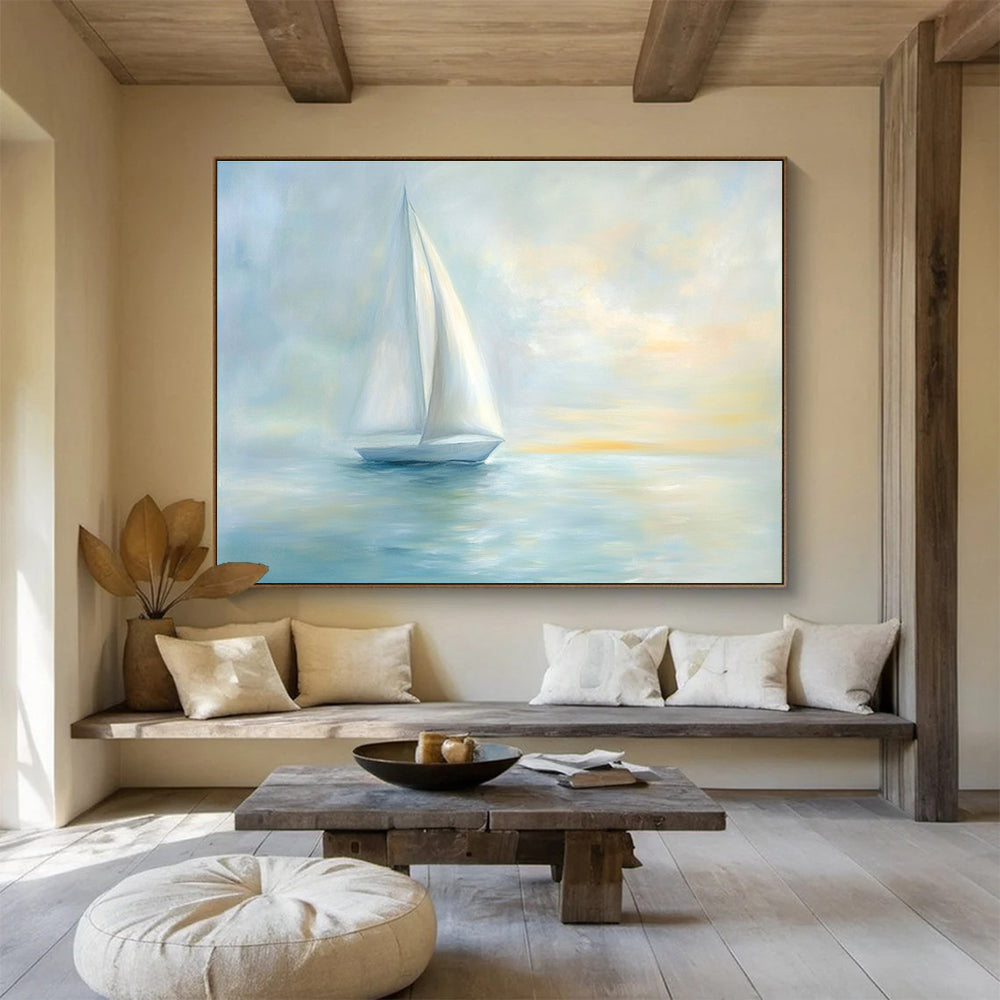 A large abstract painting of serene sea with elegant sailboat and soft pastel colors creating a tranquil Impressionist atmosphere.SC547