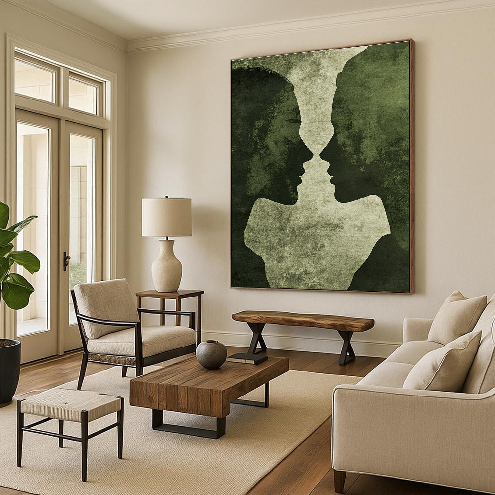 Abstract artwork featuring minimalistic male and female silhouettes in vintage green tones with grunge texture and deep shadows on a dark grey background.STSC1446