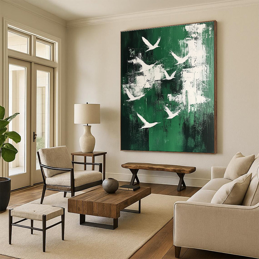 Large abstract painting featuring white birds soaring above an emerald green landscape in a minimalistic style.STSC363