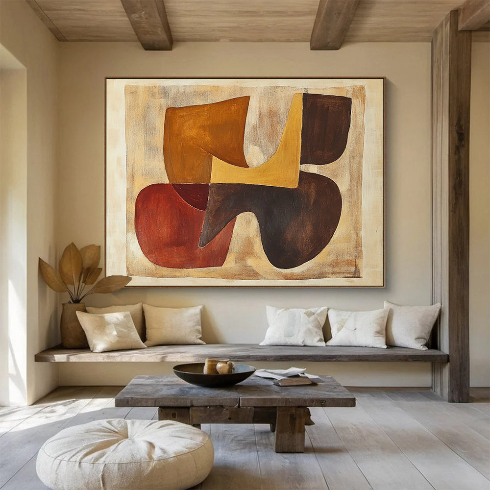 Large abstract painting inspired by Jean Arp featuring organic shapes in earthy browns and oranges.SC514