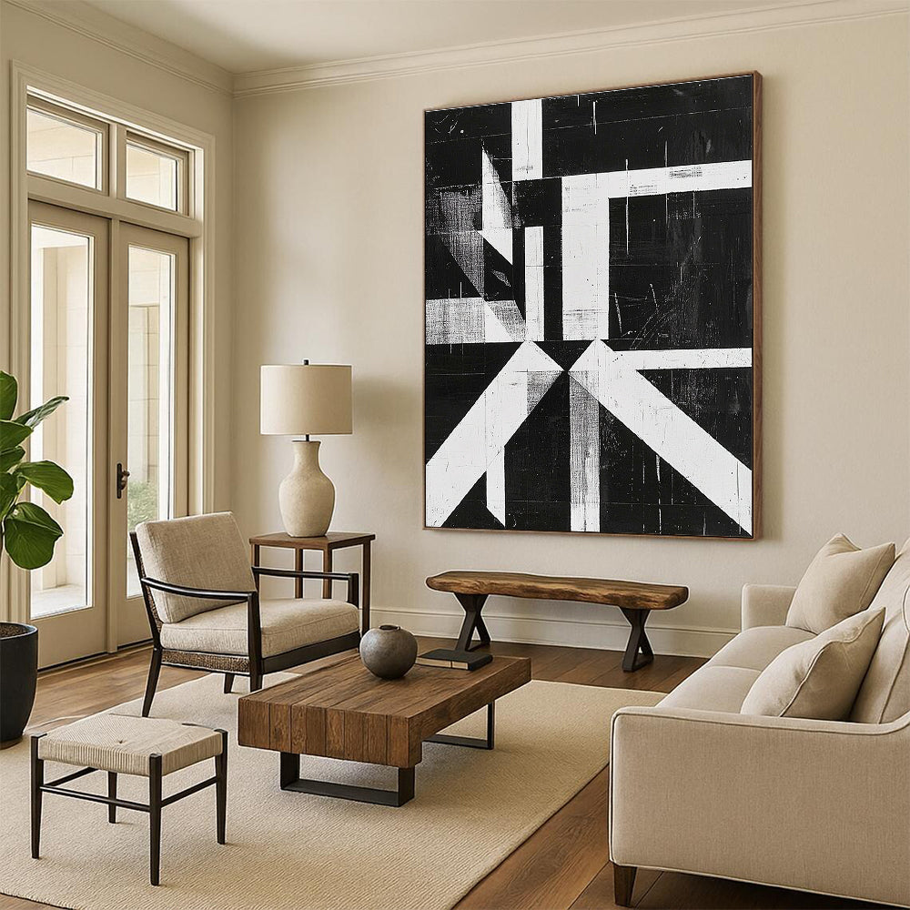 Black and White Geometric Abstract Painting with Angular Forms GER009