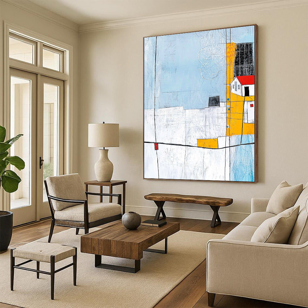 Abstract painting featuring soft lines and shapes with a light blue grey background and minimalistic house illustration in the corner.STSC688