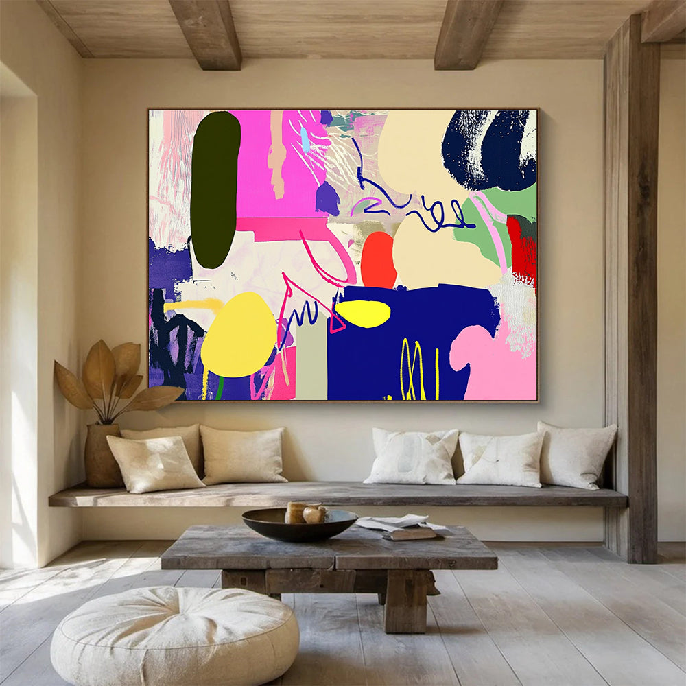 Large abstract artwork featuring vibrant shapes and lines with a unique animal silhouette in the right corner for a striking visual impact.SC455