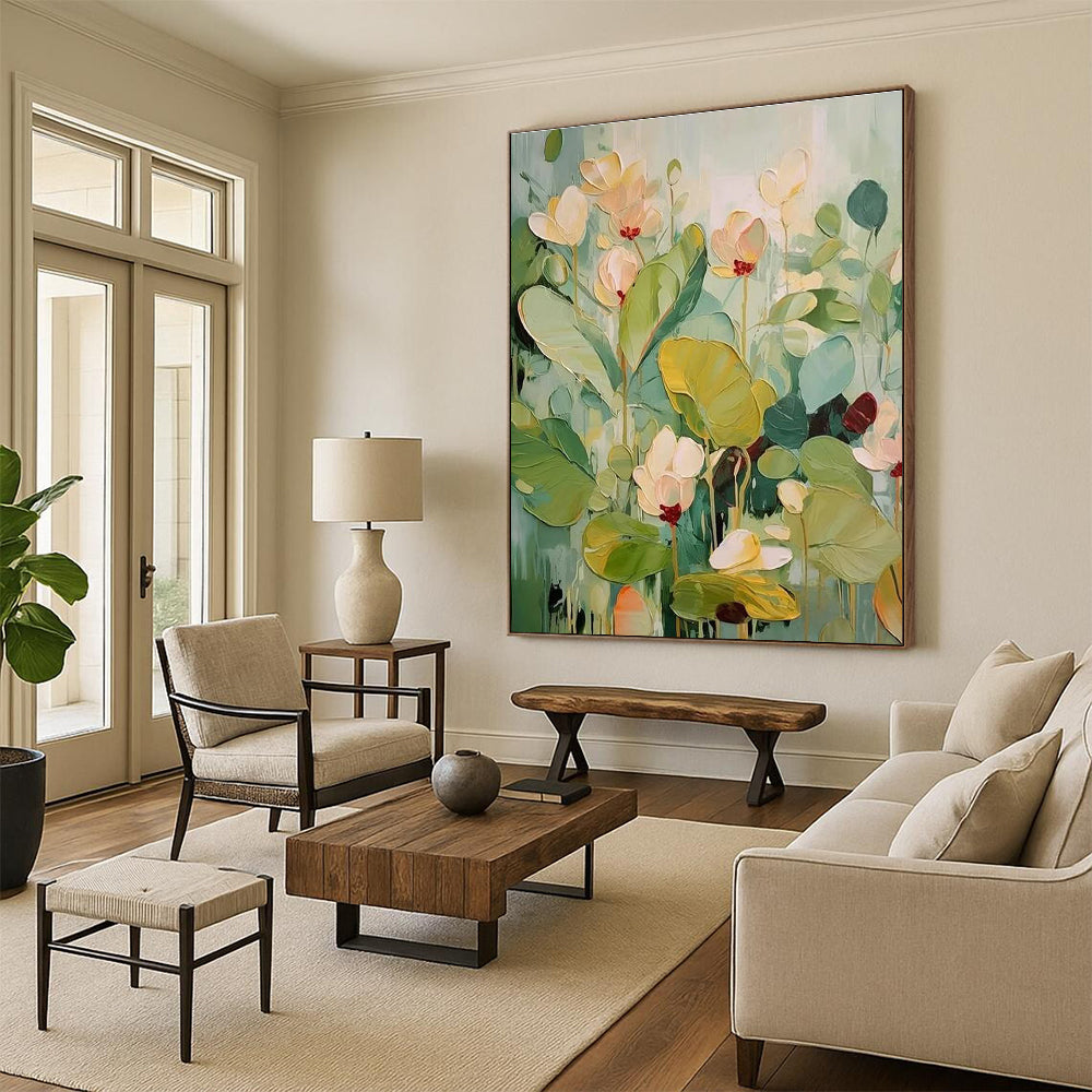 Pastel - toned Flower Abstract Painting with Green and Beige ADGE319