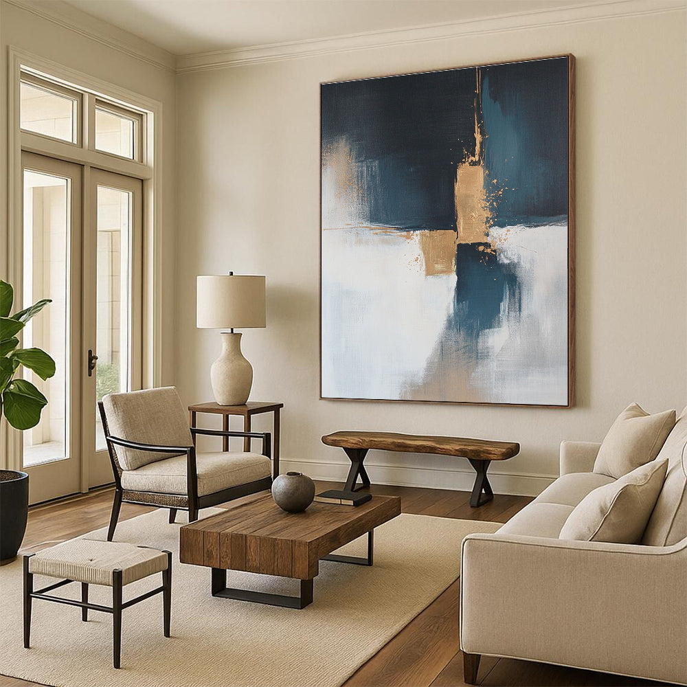 Blue and Gold Abstract Painting with Subtle Splashes GER554