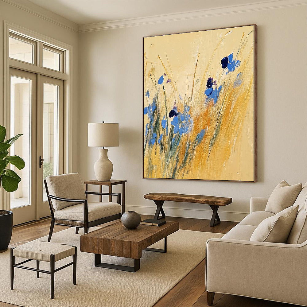 Large abstract painting of tall grass and blue wildflowers on a light yellow background inspired by Joseph Mallord William Turner.STSC336