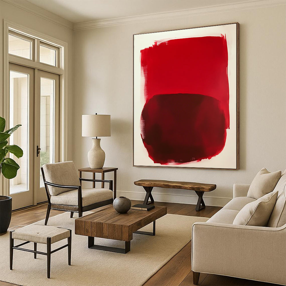 Large abstract painting featuring vibrant red shapes on a white background inspired by Mark Rothko's style.STSC1414