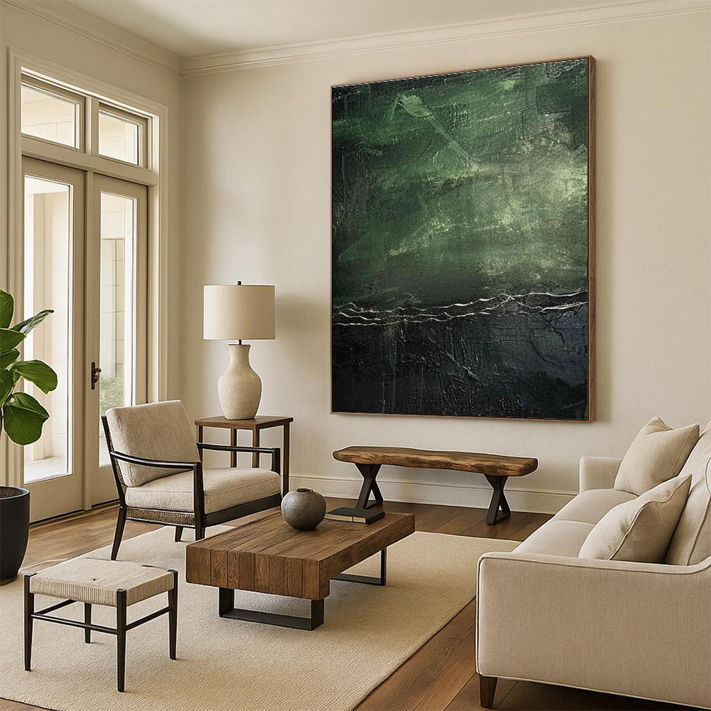 Dark Green Textured Abstract Painting with Subtle Highlights ADGE493