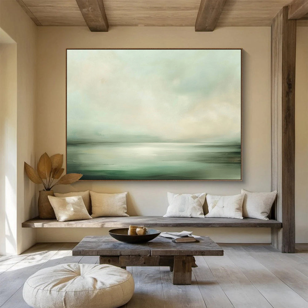 Large abstract painting capturing soft greens and whites of sea and sky, creating an ethereal atmosphere of tranquility and serenity.SC070