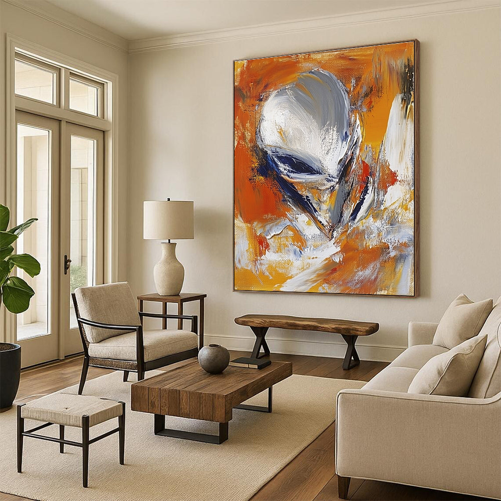 Large abstract painting in the style of James Britton featuring an alien figure in orange and white with blurred brush strokes.STSC626