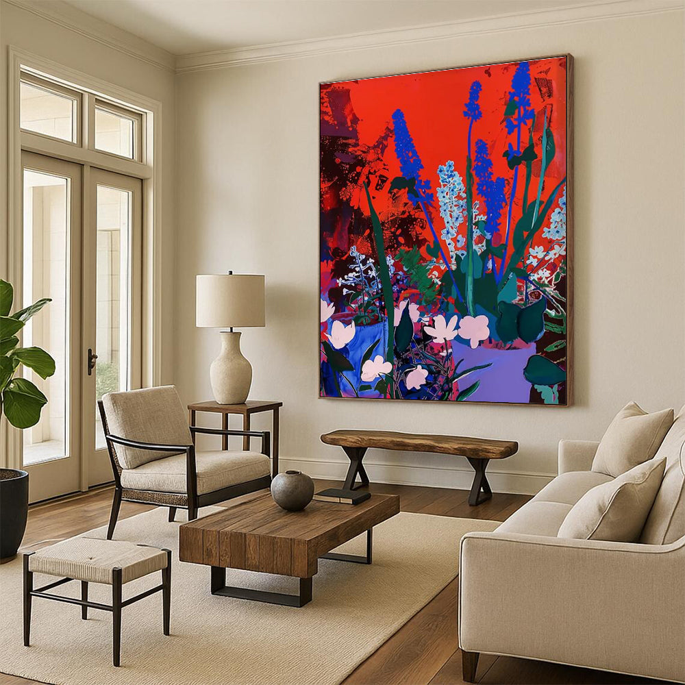 Blue Flowers on Red Background Abstract Painting ADGE100