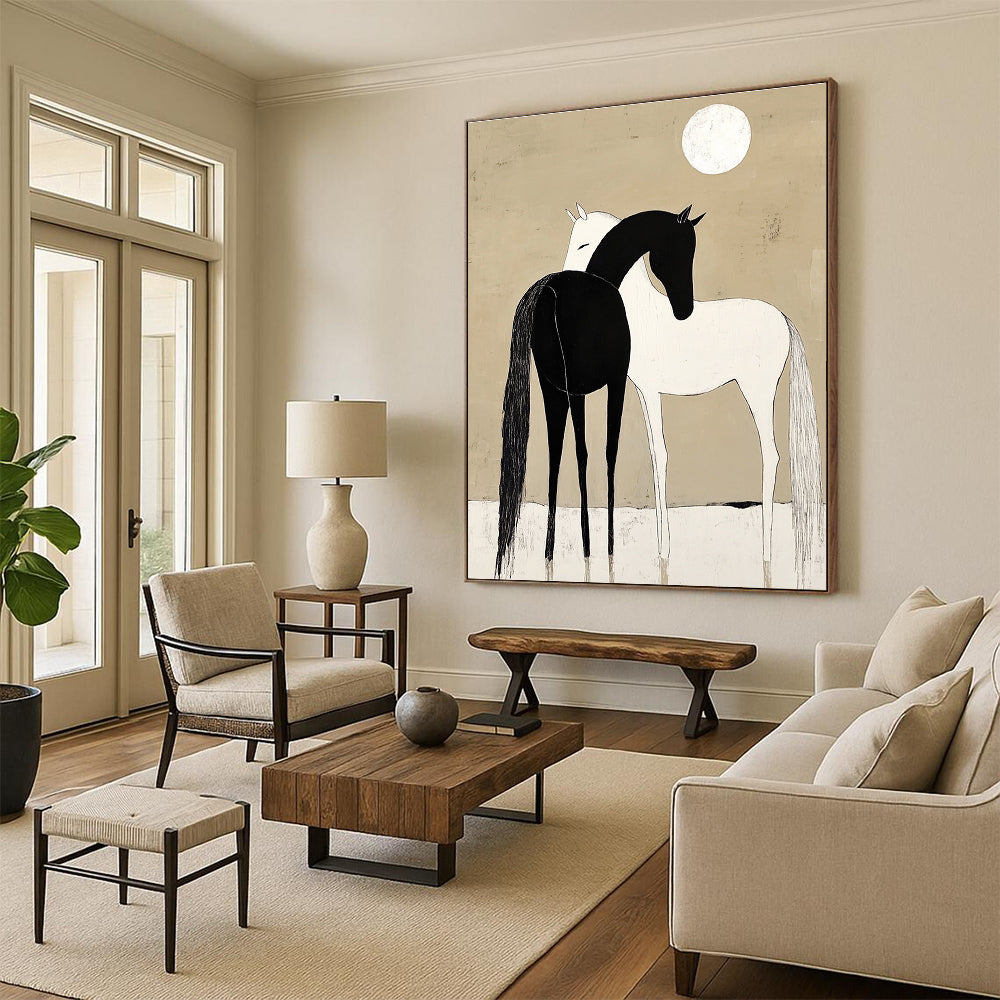 A large abstract painting depicting a black horse and white pony cuddling under a moonlit sky with simple shapes and a minimalistic beige background.STSC915