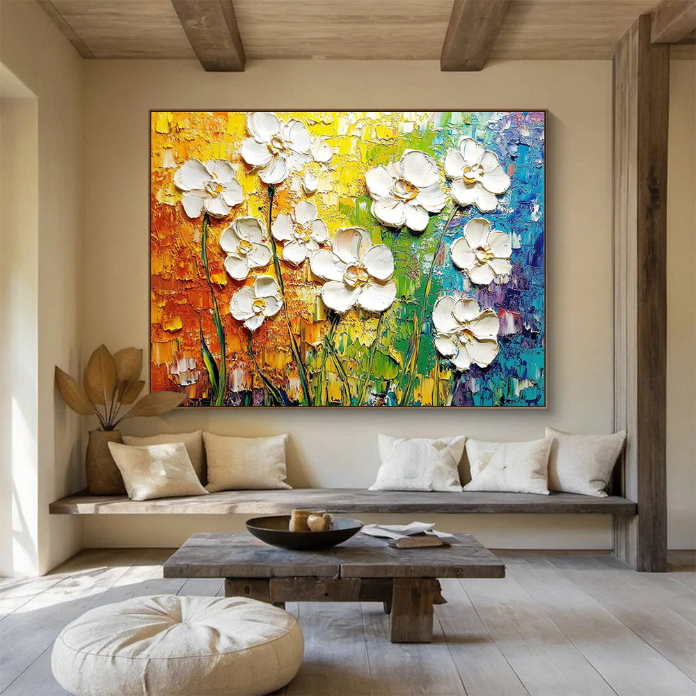 Vibrant abstract painting of white flowers on a textured canvas showcasing intricate details and celebrating the beauty of nature.SC271