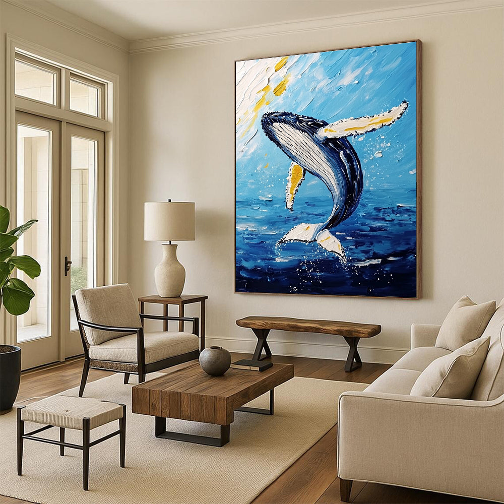 Large abstract painting featuring a majestic humpback whale mid-air with vibrant white and yellow brushstrokes against a light sky-blue and dark gold background.STSC1231