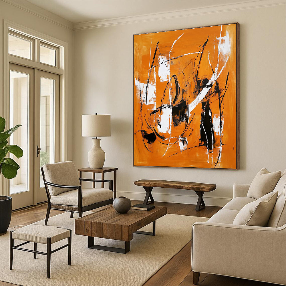Orange and Black Abstract Painting with Energetic Line Work GER659