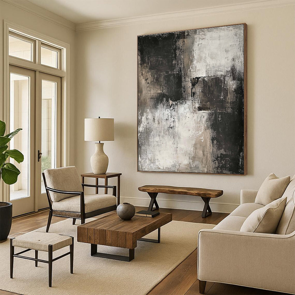 Large abstract painting in neutral tones featuring dark gray and white for a striking contemporary aesthetic.STSC069