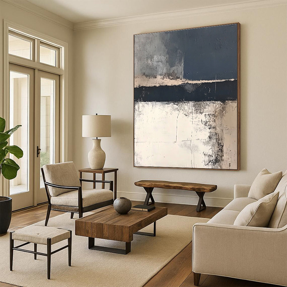 Large abstract painting in dark gray and navy blue with hints of white and beige depicting a distant old battle scene on the English coast.STSC217