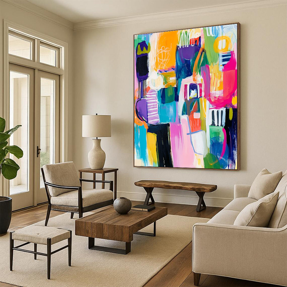 Large abstract painting with colorful whimsical shapes thick brushstrokes and bold lines in vibrant hues capturing dynamic elements of houses cars and people.STSC678
