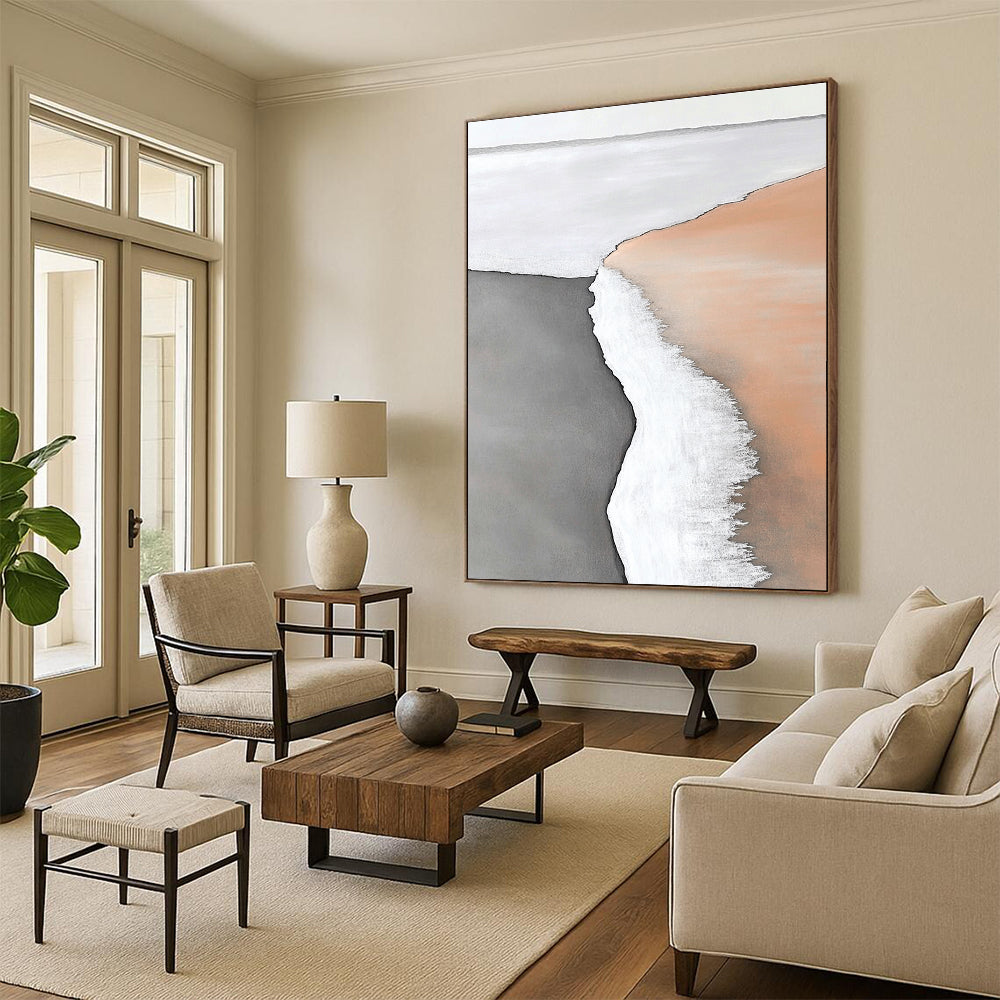 Abstract painting capturing the serene boundary of water and land with white sand and subtle hues of light orange and brown in a minimalistic style.STSC550