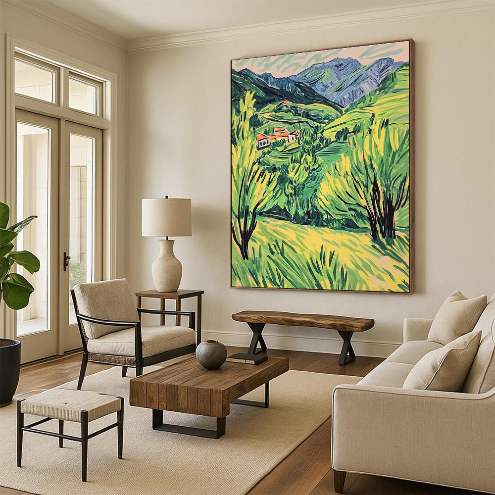 A large abstract painting capturing a vibrant spring Alps landscape in doodle style with simple lines and lively green and yellow hues.STSC1017