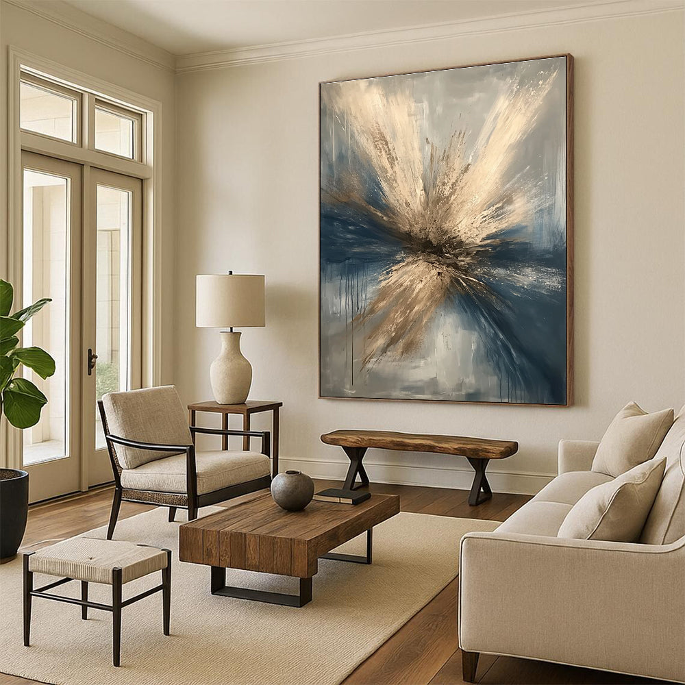 Large abstract painting depicting a winter tornado in beige and dark blue with gray background featuring a detailed metallic focal point suggesting destruction.STSC644
