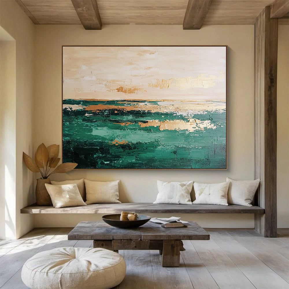 Large abstract oil painting of a serene green and beige sea with a clear horizon line perfect for modern decor.SC112