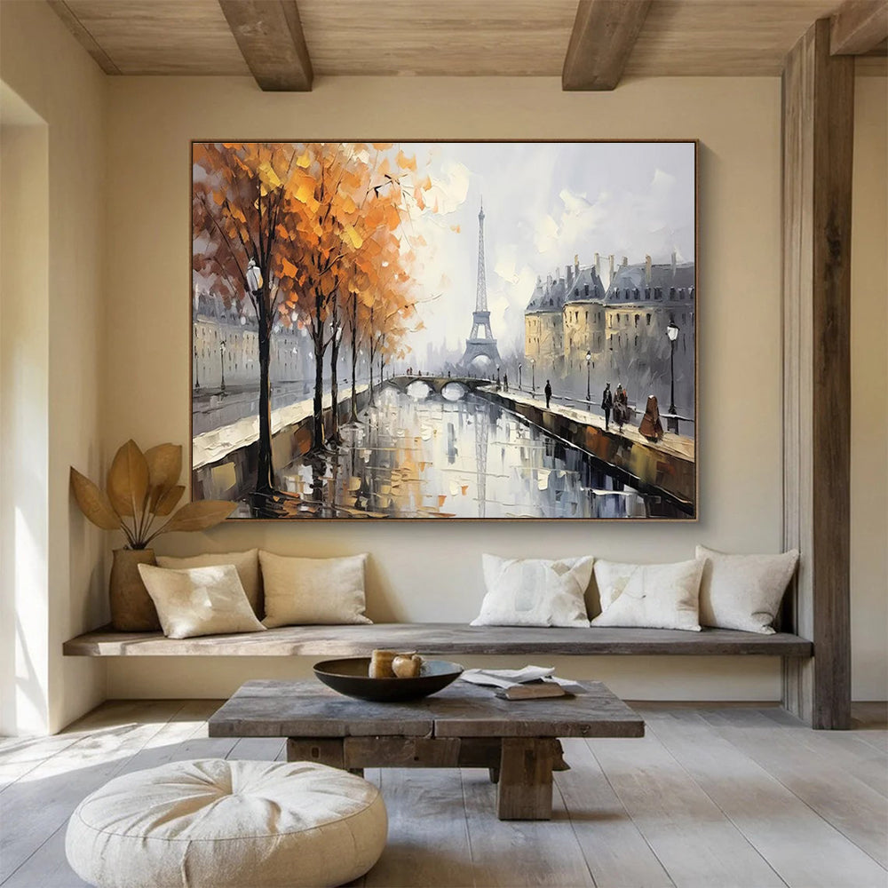Paris Autumn Scene Abstract Painting with Orange, Grey, and White Tones THY171